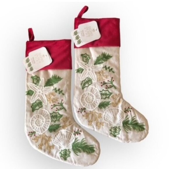 Sigrid Olsen Other - 2 Sigrid Olsen 22" Embroidered Sea Shell Coastal Christmas Stockings Beach NWT
